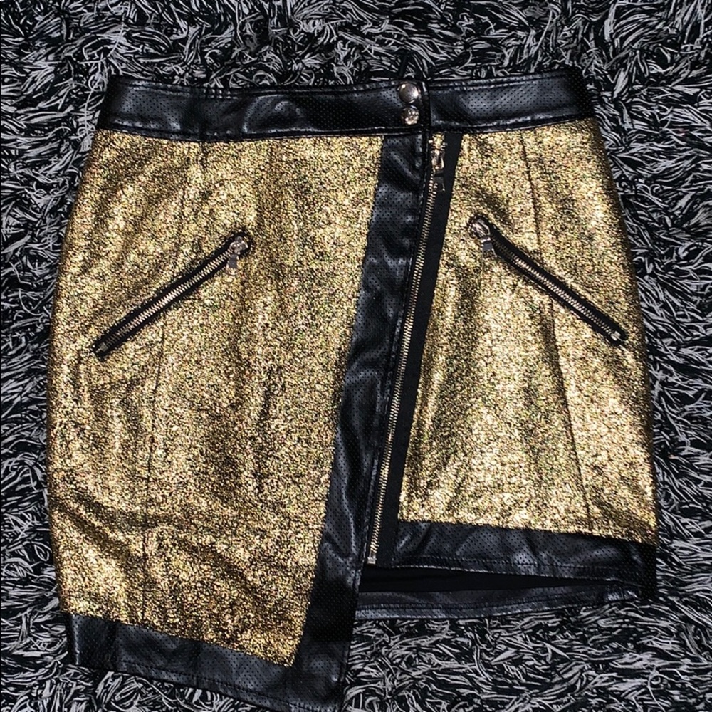 Metallic gold and black moto style skirt